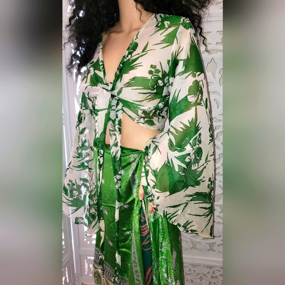 Exotic Silk Boho Green Multicolor Reversible Wrap Maxi Skirt - Picture 4 of 16